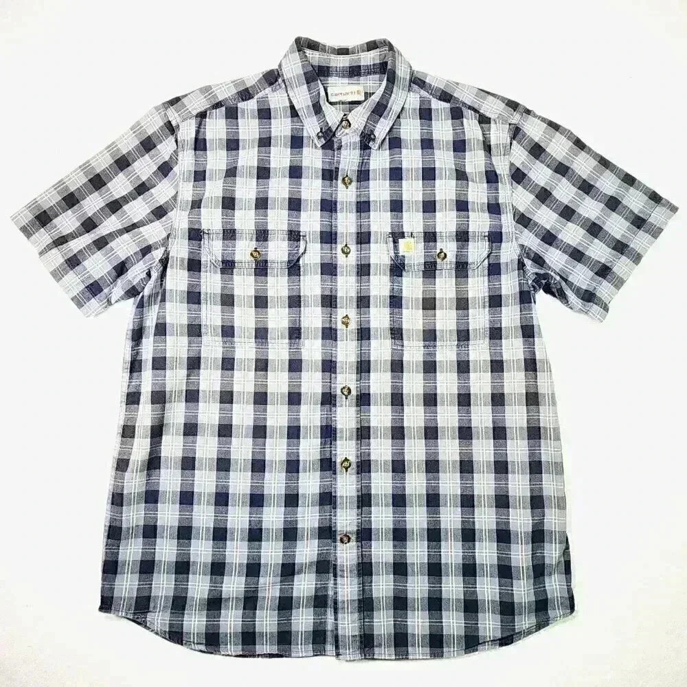 Carhartt Men's Loose Fit Midweight Shirt Large Short Sleeve Blue Plaid Button Up